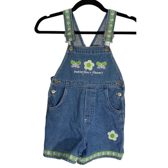 Young Hearts Girls Denim Embroidered Floral Butterflies Shortalls Size 5 - Picture 1 of 11